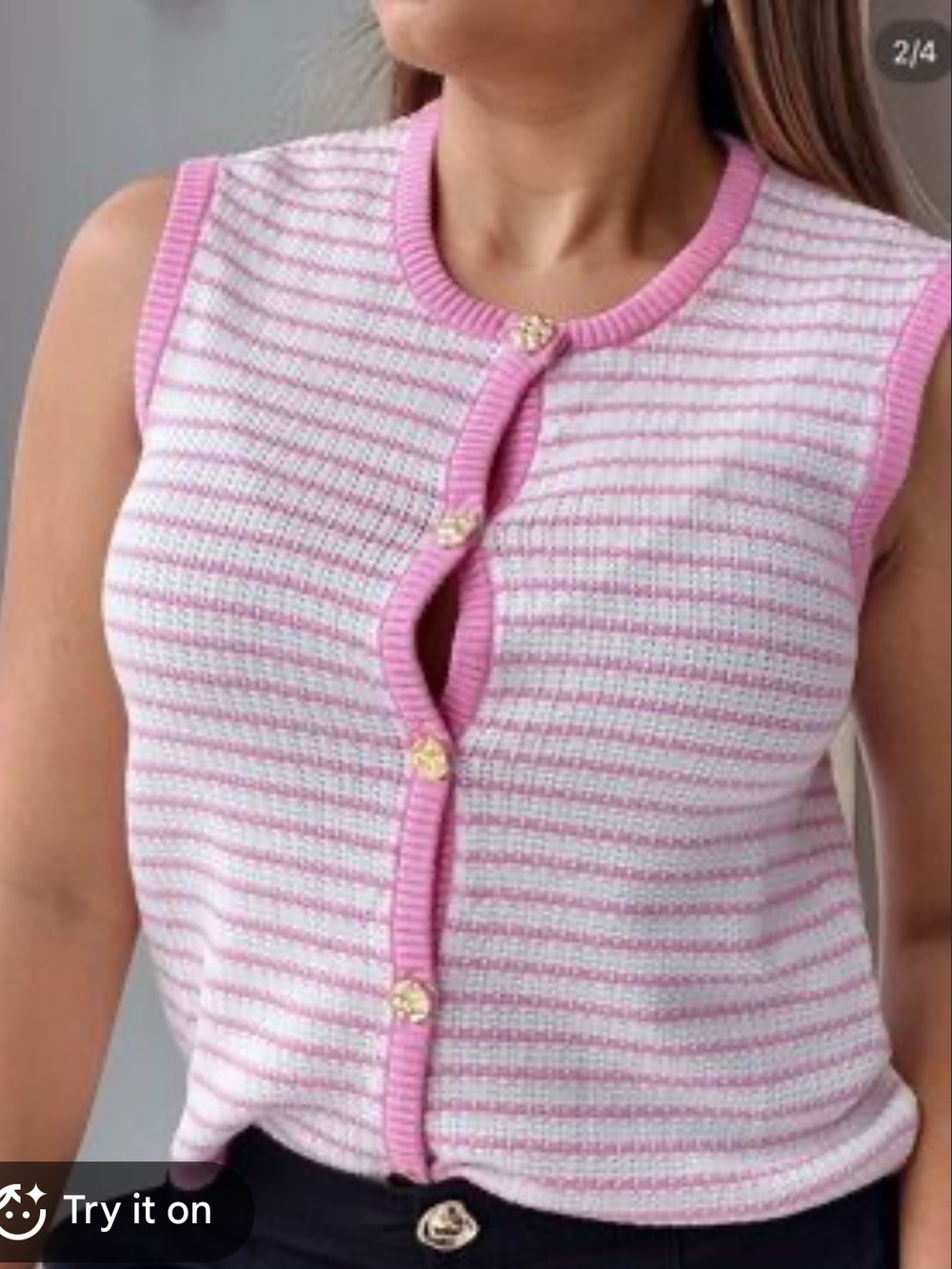 Love Tree Pink and White Striped Sleeveless Knit Cardigan